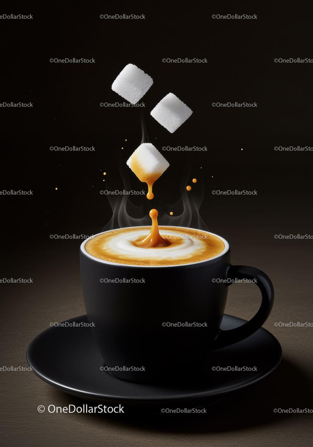 Sugar cubes falling into steaming coffee cup