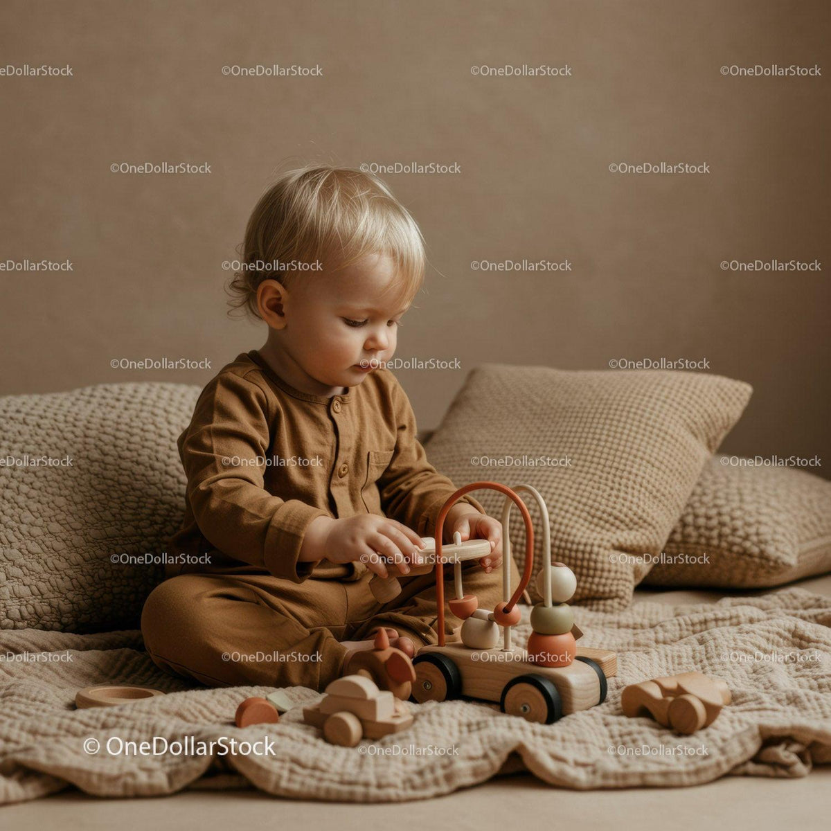 Toddler playing with wooden toys on cozy bed