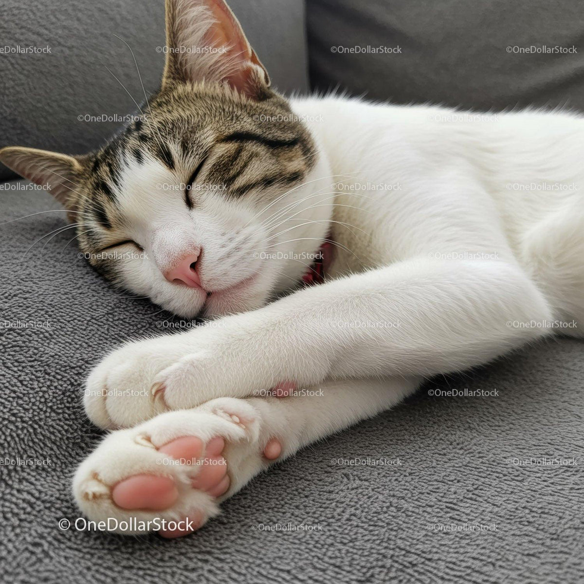 Sleeping tabby cat resting peacefully on gray blanket