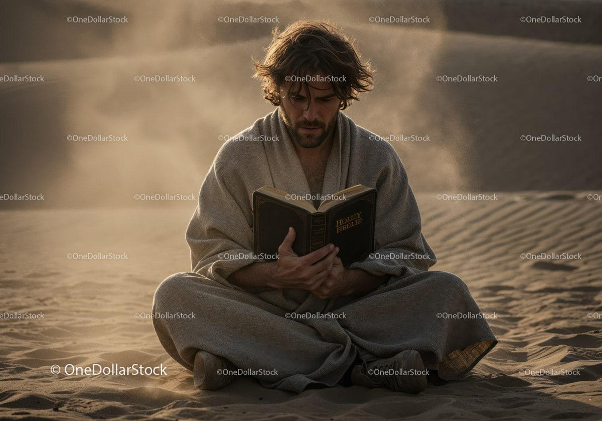 Man in Casual Clothing Reading Book in Desert During Dust Storm Stock Photo Bundle preview 13