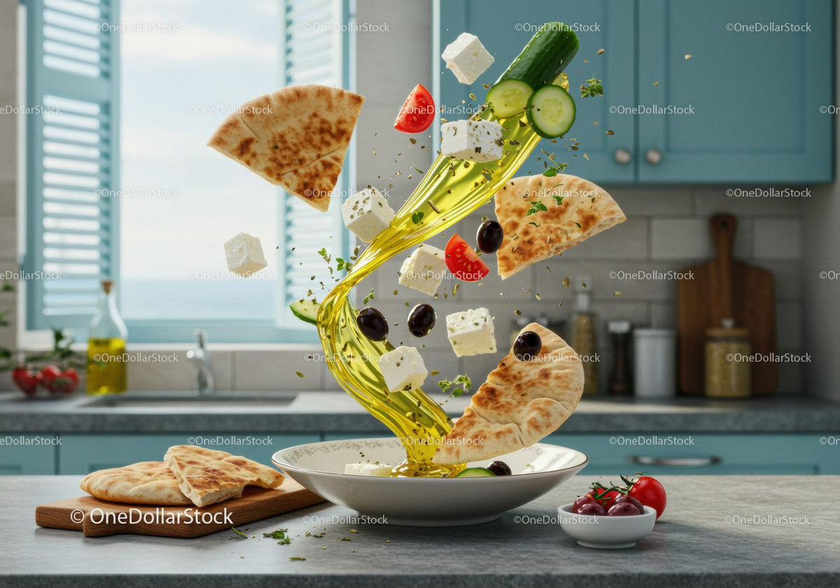Mediterranean salad ingredients floating in kitchen light