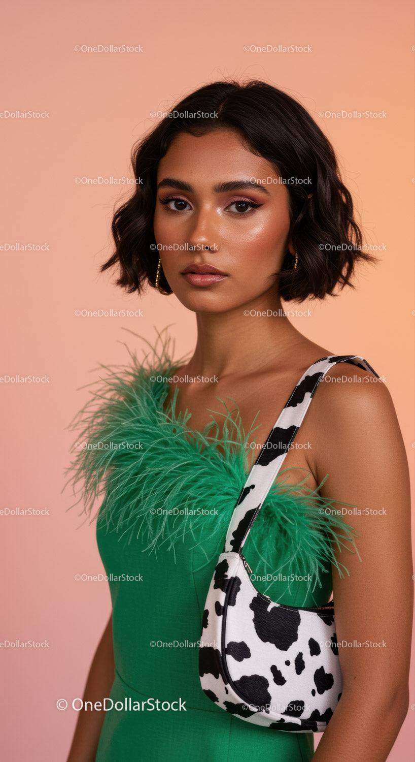 Elegant Woman in Green Feather Accessory and Cow Print Handbag