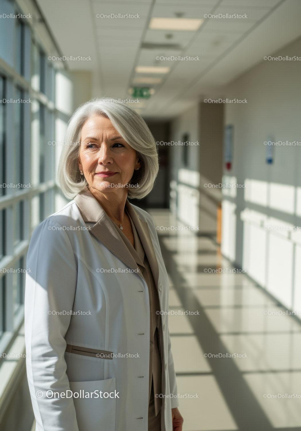 Senior Woman Smiling in White Coat in Hospital Corridor
