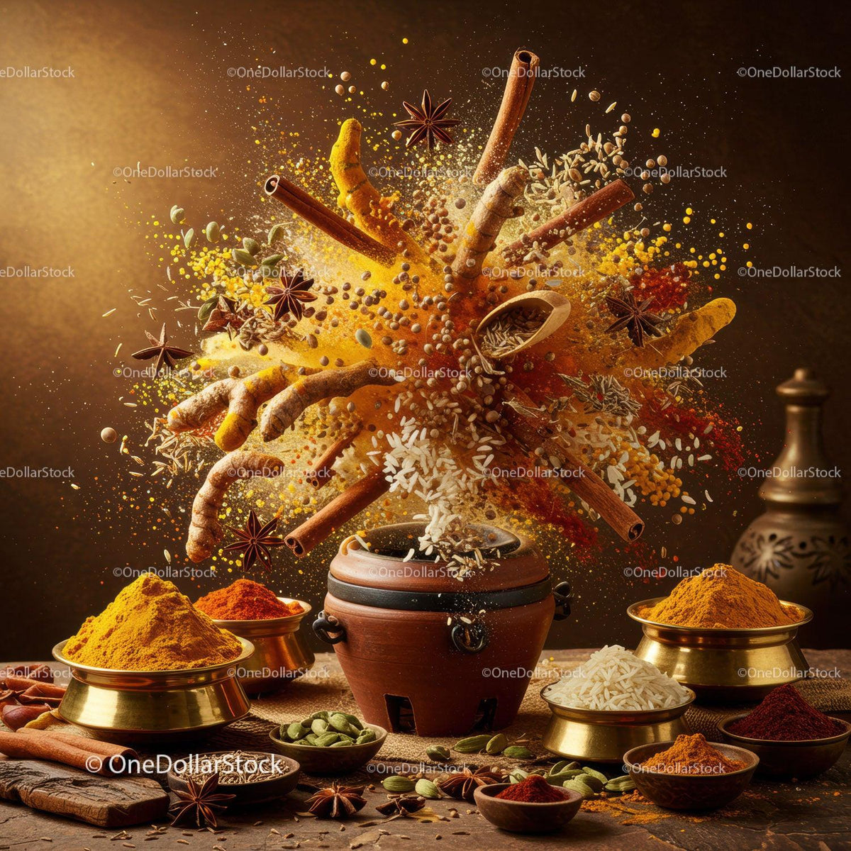 Aromatic spices and rice bursting from rustic pot