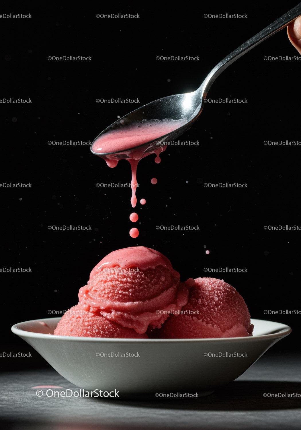 Smooth Spoon Pouring Sauce on Pink Ice Cream Scoops