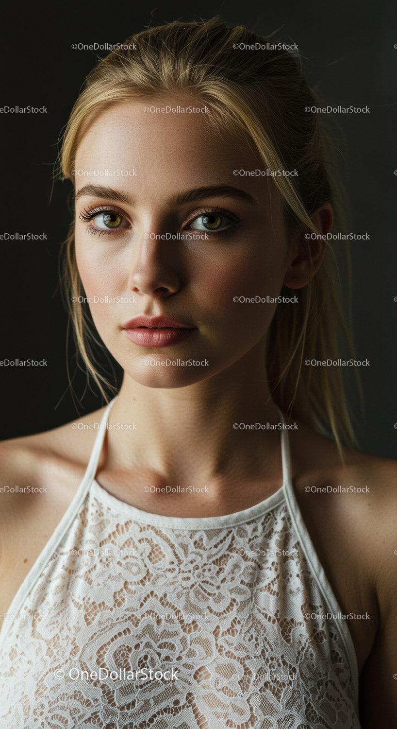 Elegant Portrait of a Young Woman with Blue Eyes and Blonde Hair