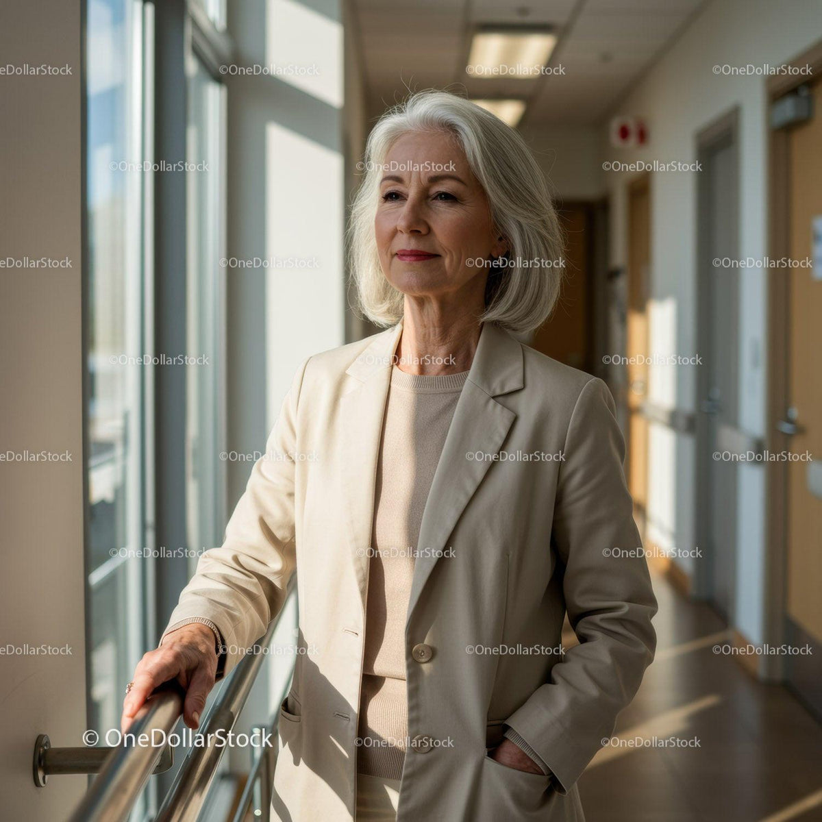 Elegant Senior Woman in Beige Blazer Walking in Modern Hospital Corridor