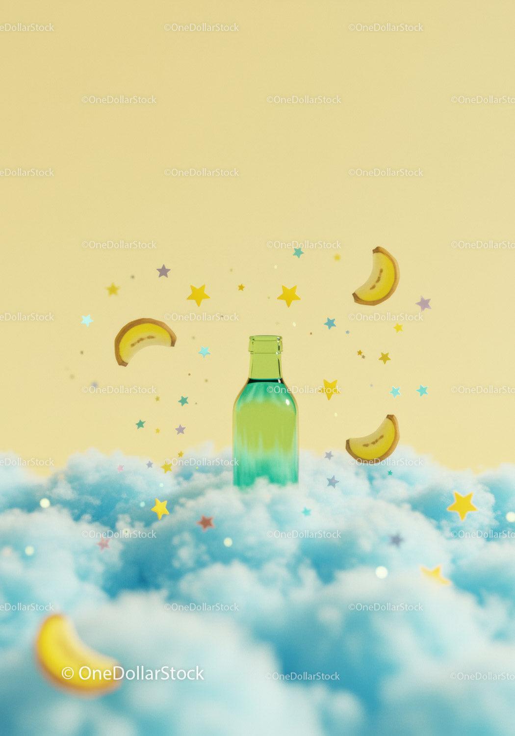 Green bottle surrounded by stars and banana slices in clouds JPG Mockup Image preview