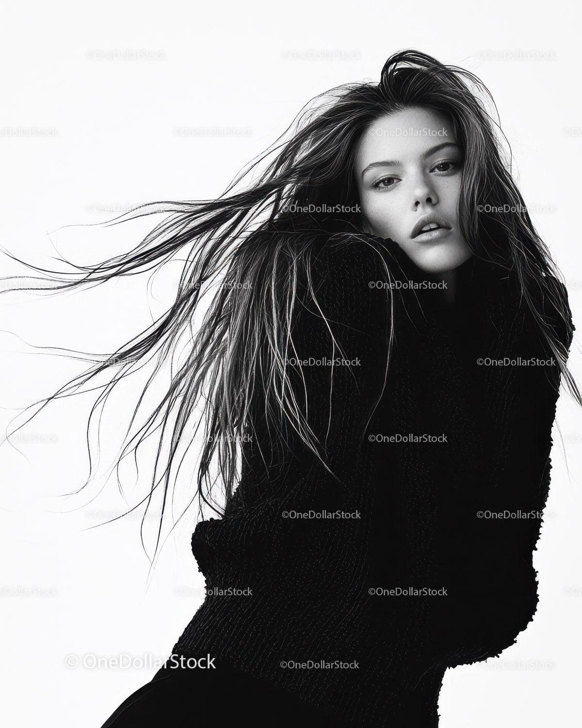 Elegant Black and White Fashion Portrait of a Woman with Flowing Hair