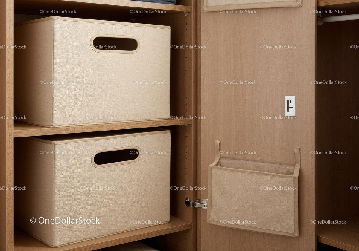 Wooden Shelves with Beige Fabric Storage Bins in Closet