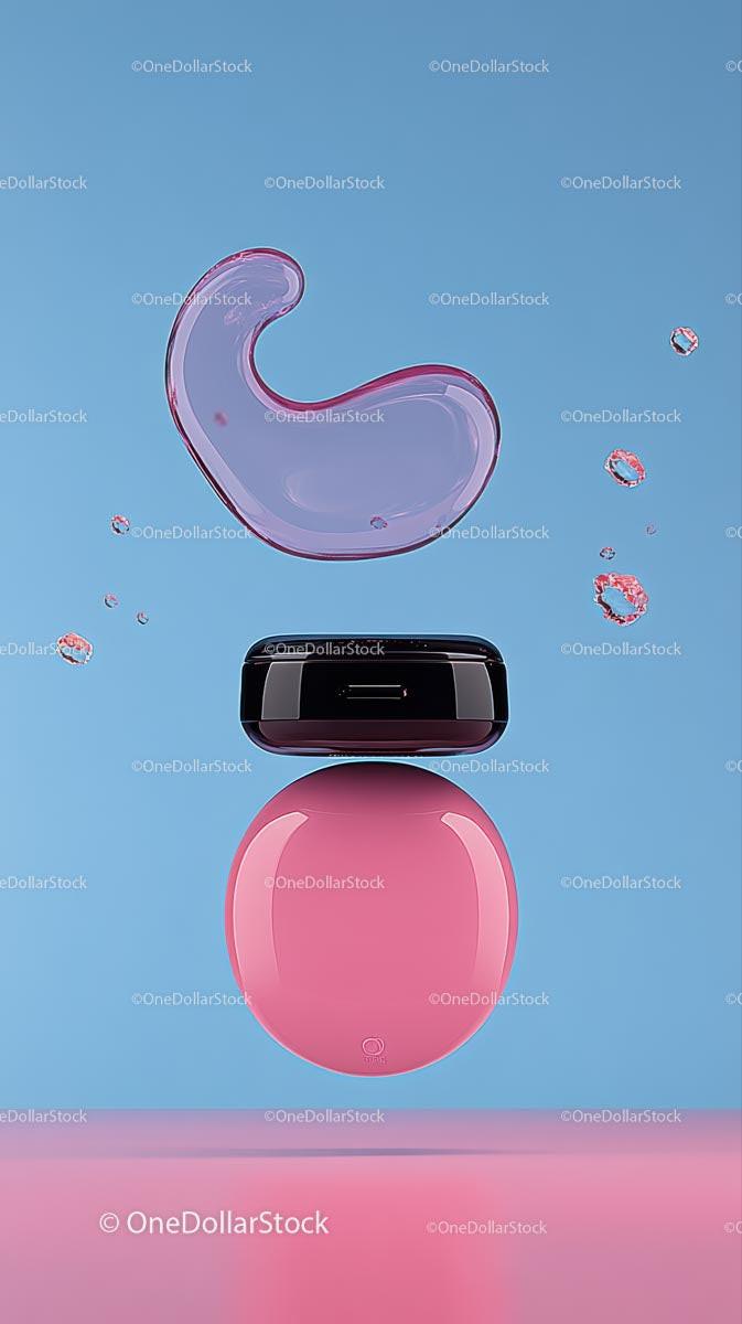 Pink Beauty Blender and Liquid Foundation Floating on Blue Background