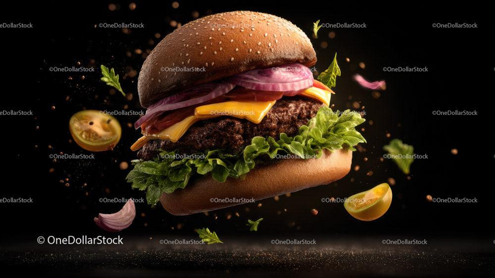 Juicy Gourmet Burger with Fresh Vegetables on Dark Background Stock Photo Bundle preview 16
