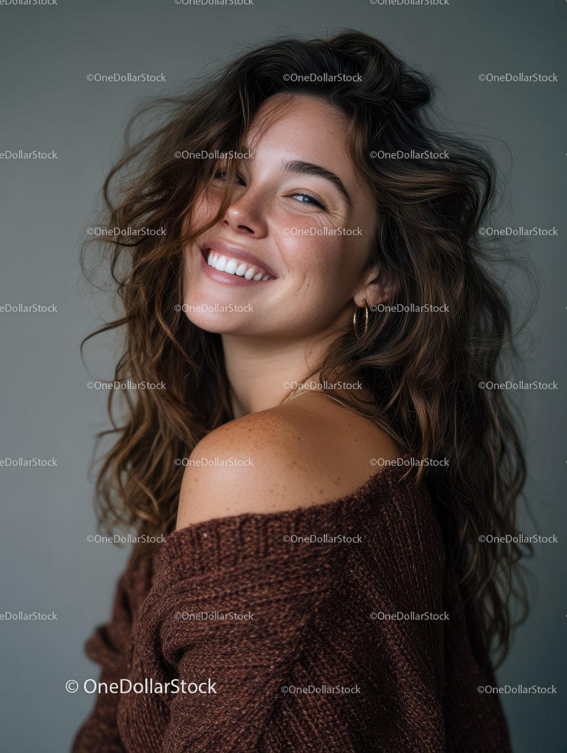 Joyful Woman with Curly Hair in Trendy Sweater Looking Over Shoulder