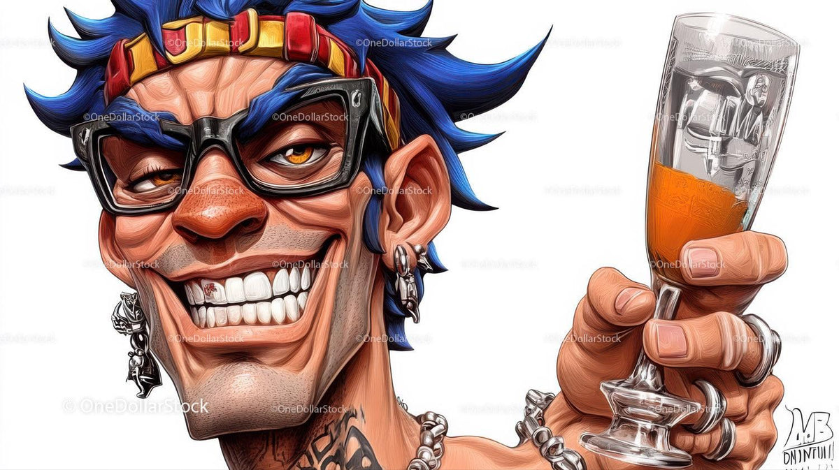 Man with blue spiked hair and sunglasses smiling and holding a glass with golden liquid