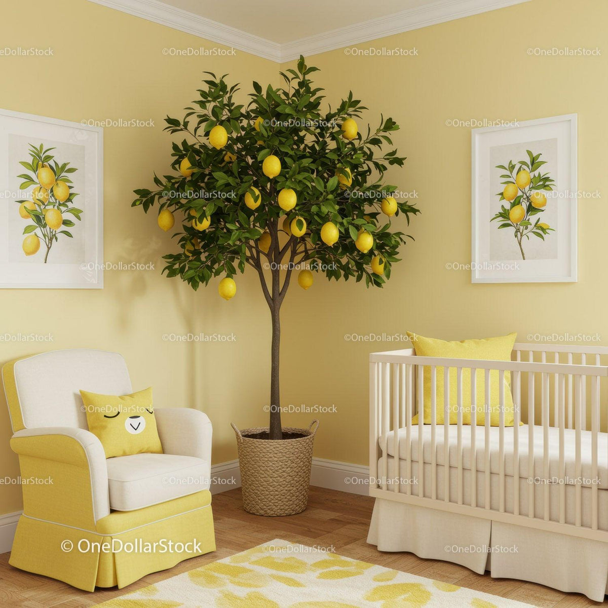 Bright Yellow and Lemon Kids Nursery with Potted Lemon Tree and Cozy Furniture