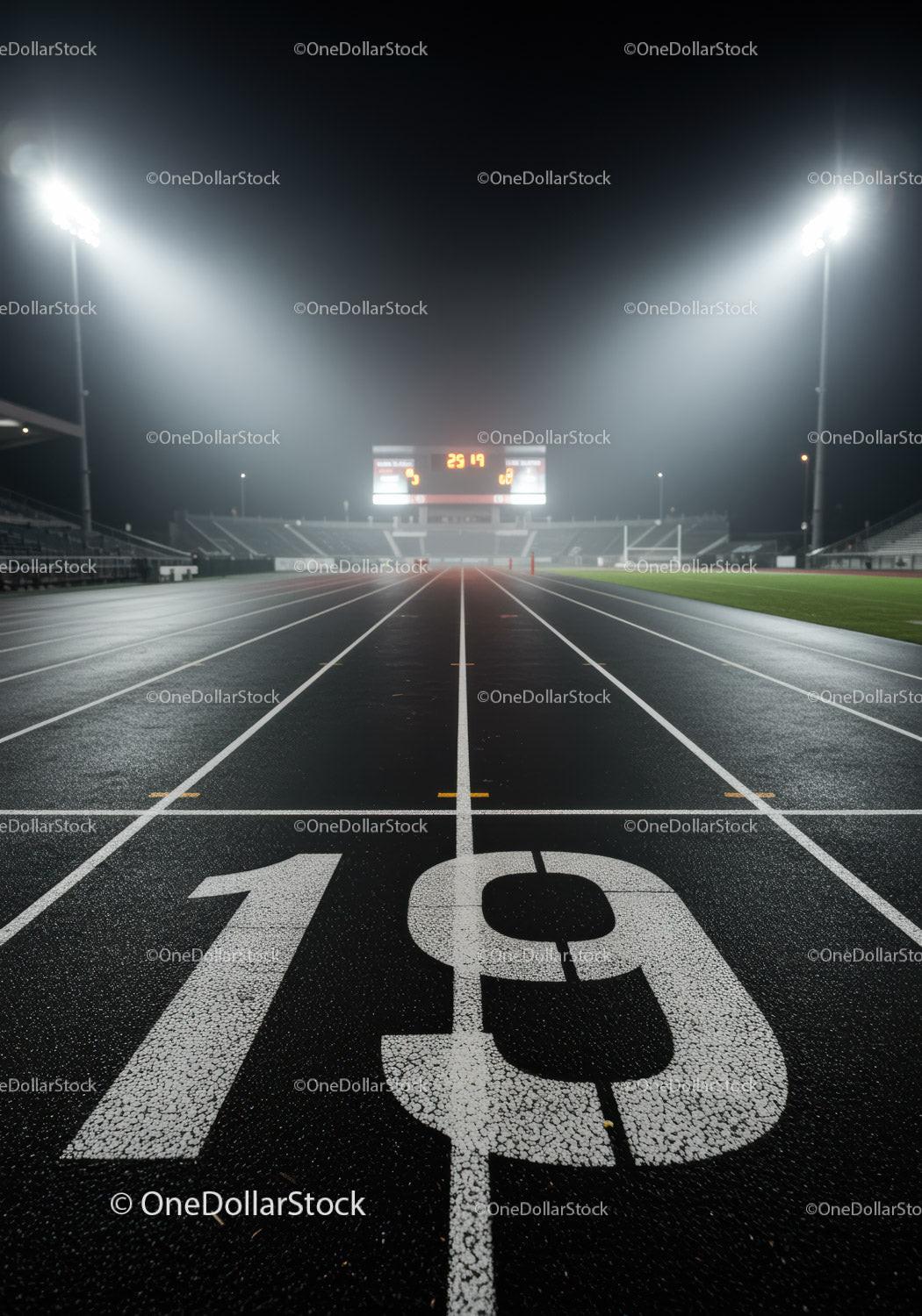 Night View of Numbered Lane on Empty Running Track