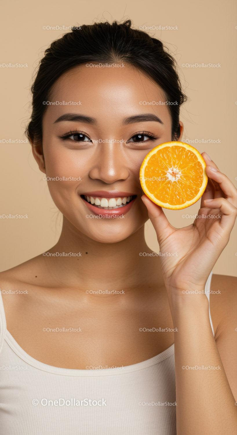 Vibrant Smiling Woman Holding Fresh Orange Half For Wellness and Beauty