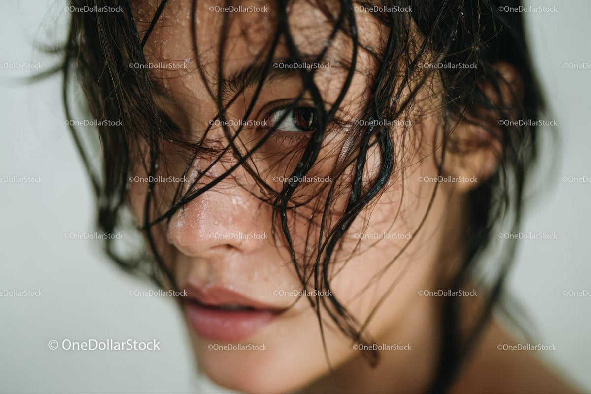 Close-up of a Woman with Wet Hair and Water Droplets in Natural Setting