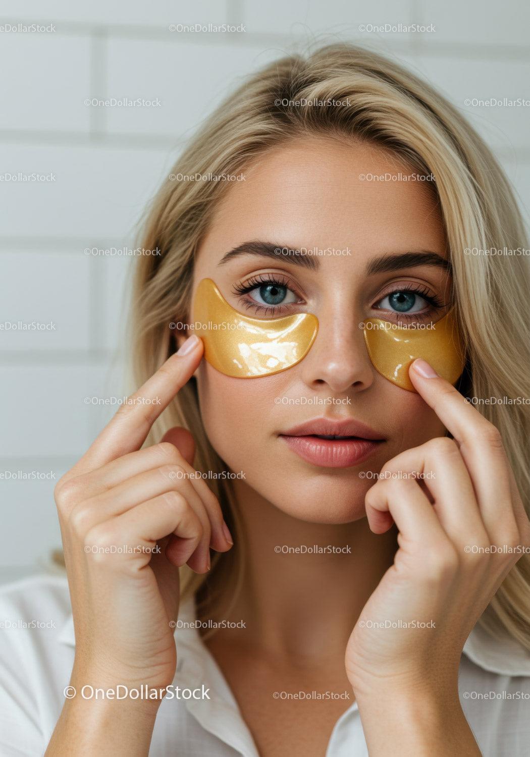 Young Woman Applying Gold Eye Masks for Beauty and Relaxation
