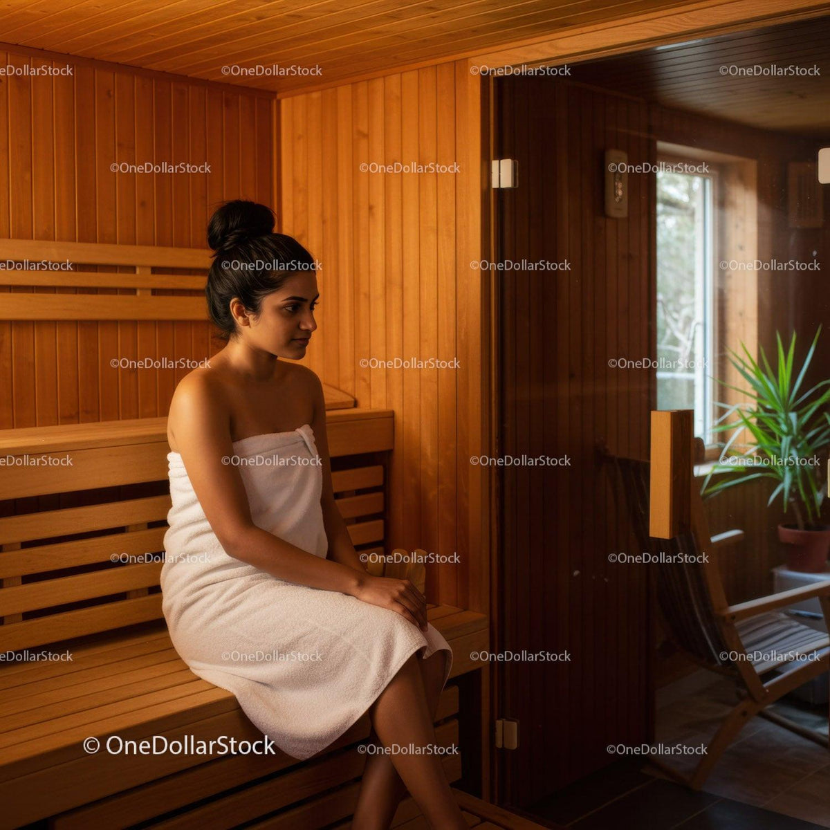 Relaxing Young Woman Sitting in Sauna With Wooden Interior
