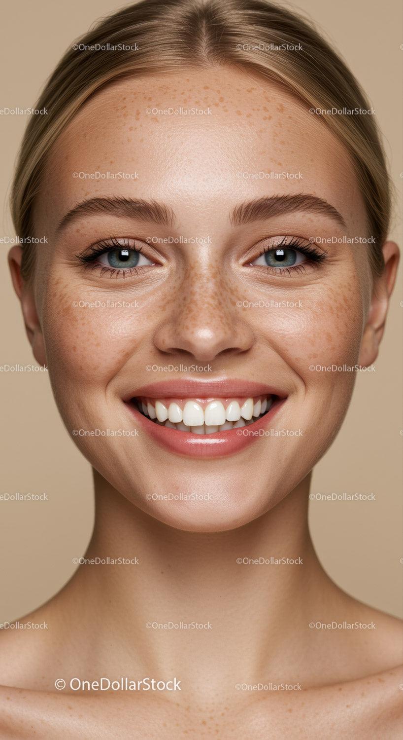 Close up of smiling woman with natural freckles