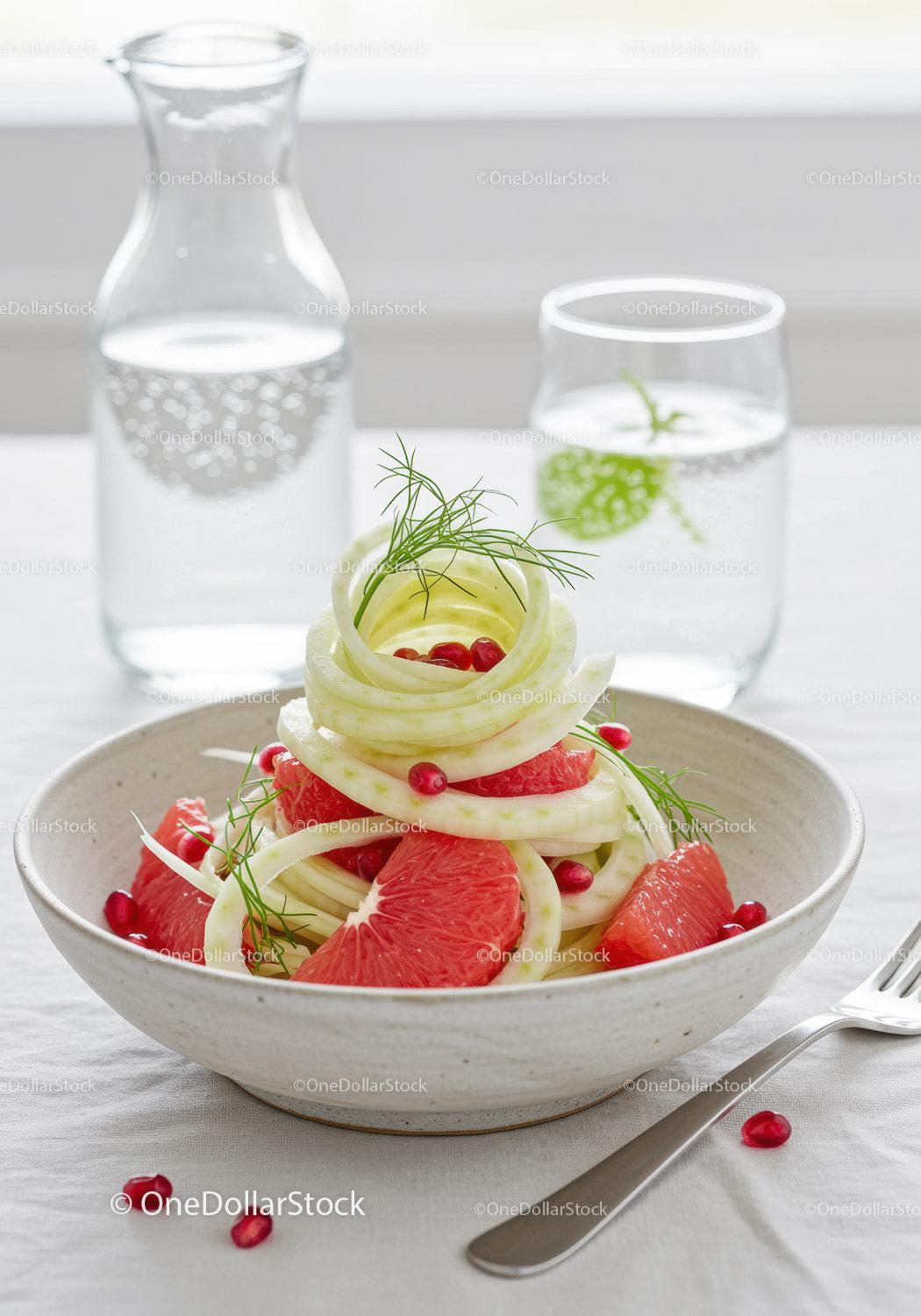 Fresh fennel and grapefruit salad with pomegranate seeds