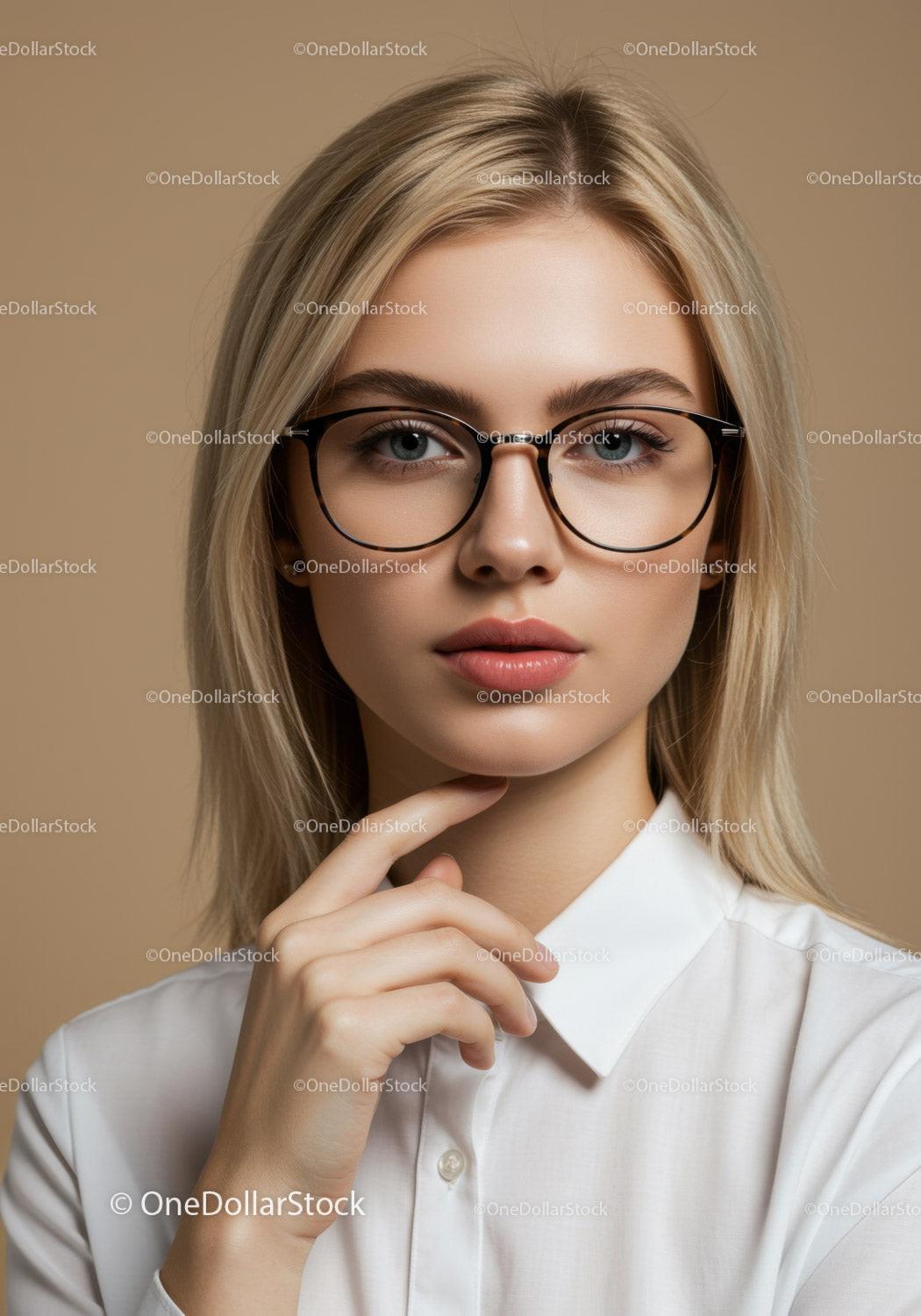 Close-up portrait of a stylish young woman wearing glasses
