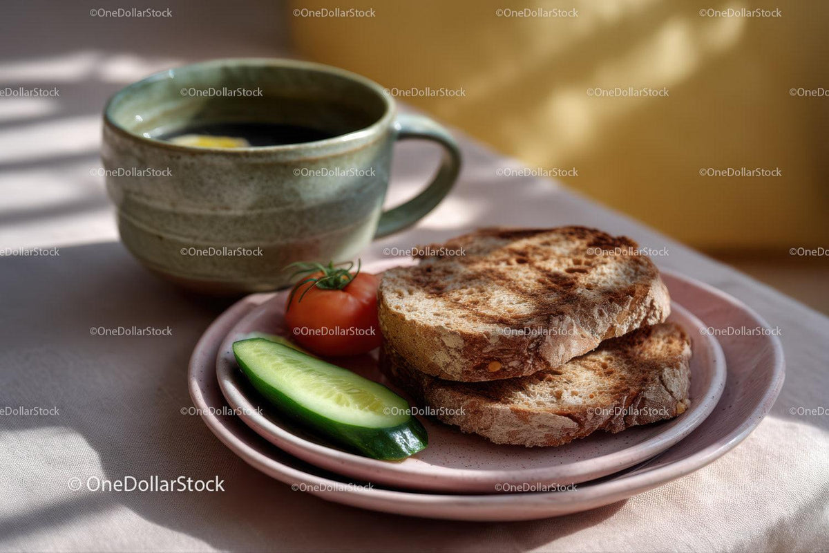 Rustic Toasted Bread with Tomato and Cucumber Accompanied by Coffee
