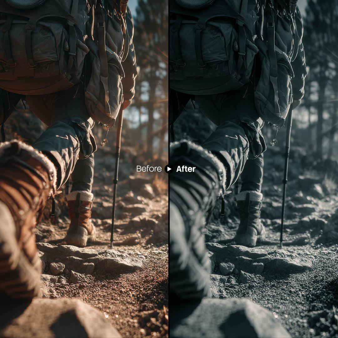 Before and after Forest Glow Mono Lightroom preset edit
