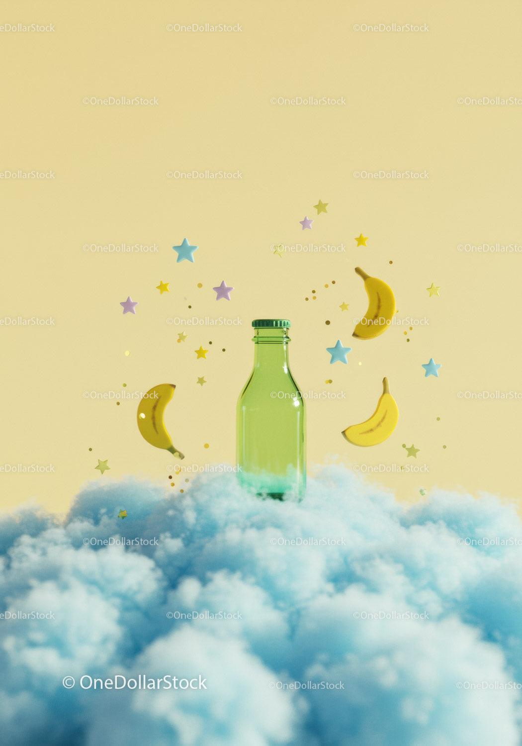 Green glass bottle floating above soft blue clouds JPG Mockup Image preview