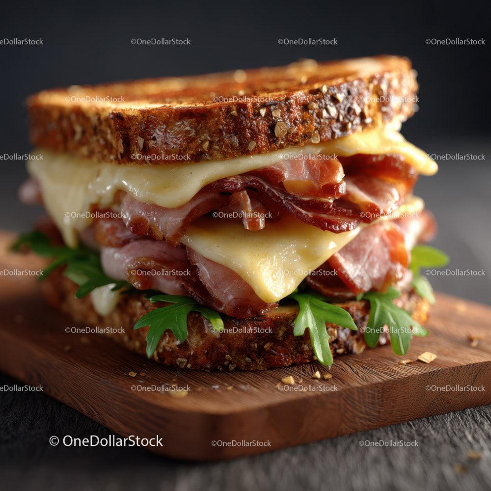 stock photo bundle made with Close-up of Gourmet Bacon and Egg Sandwich with Greens on Toasted Bread Stock Photo Bundle