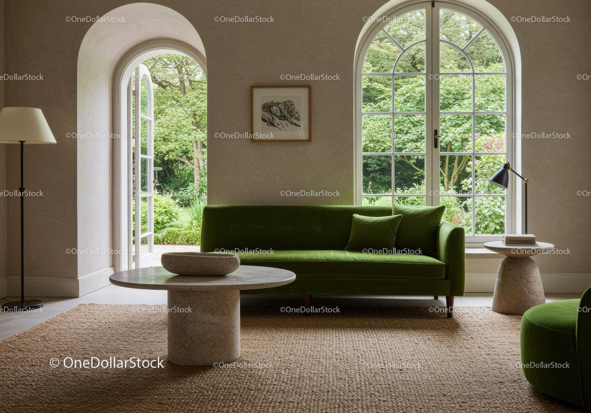 Elegant living room with green velvet sofa and garden view
