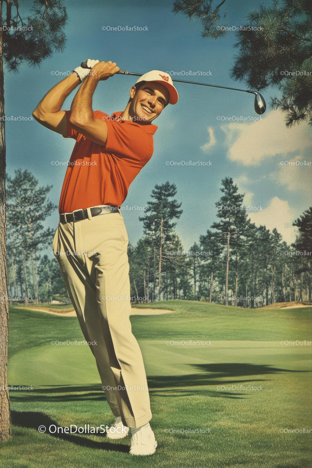 Man smiling with orange polo swinging golf club on grassy course under blue sky