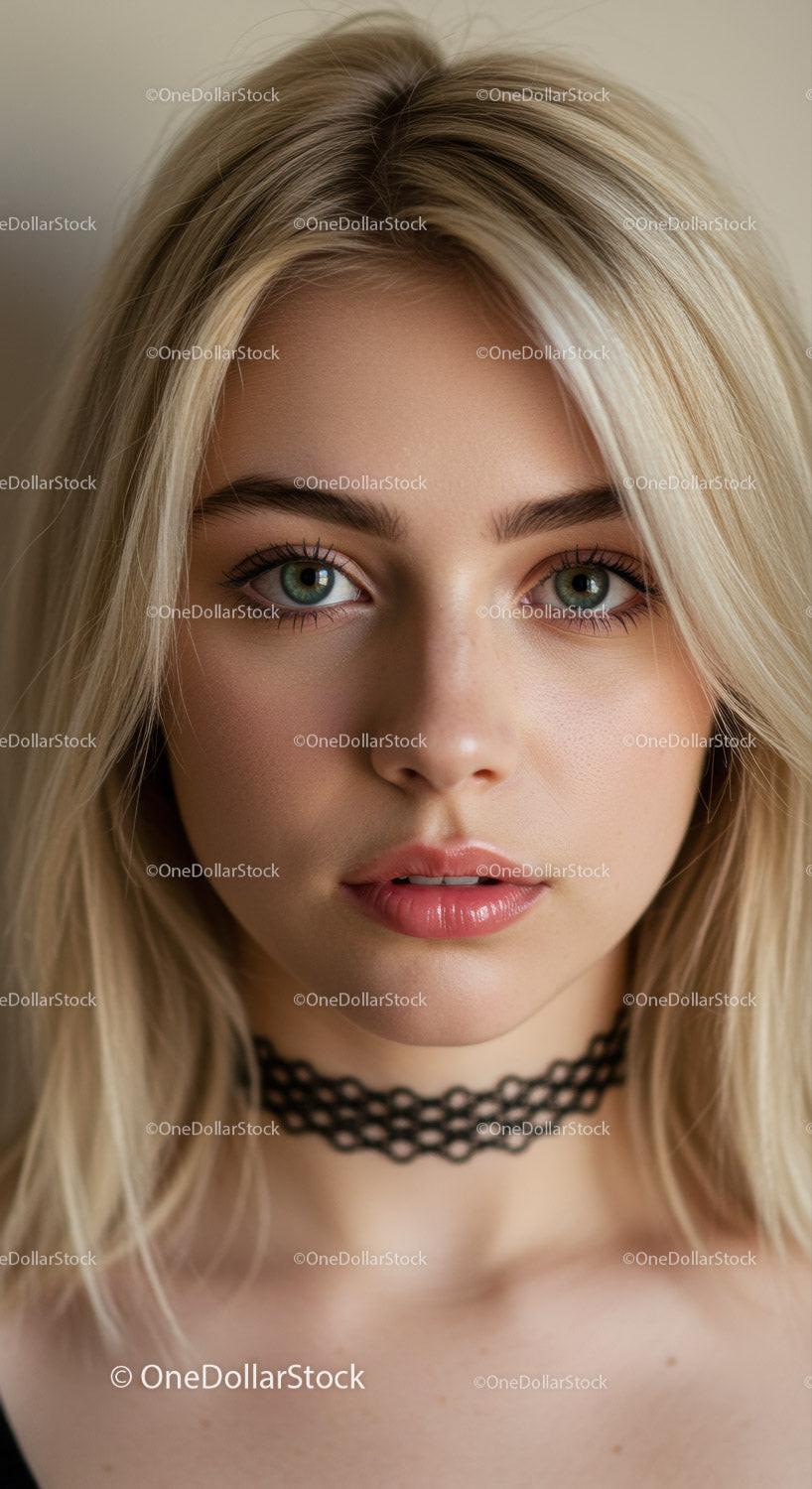 Portrait of a Young Woman with Blue Eyes and Blonde Hair in Casual Style