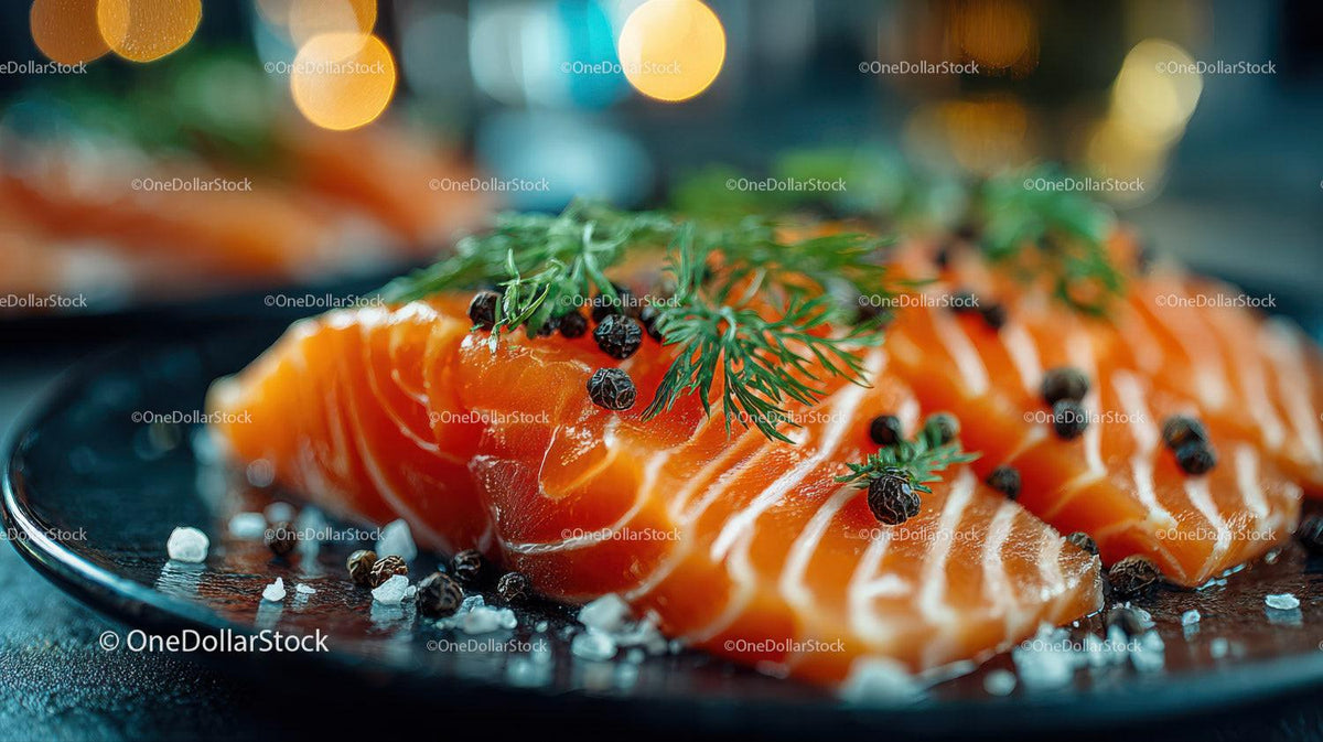 Fresh Sliced Smoked Salmon with Herbs and Sea Salt on Black Plate Stock Photo Bundle preview 12