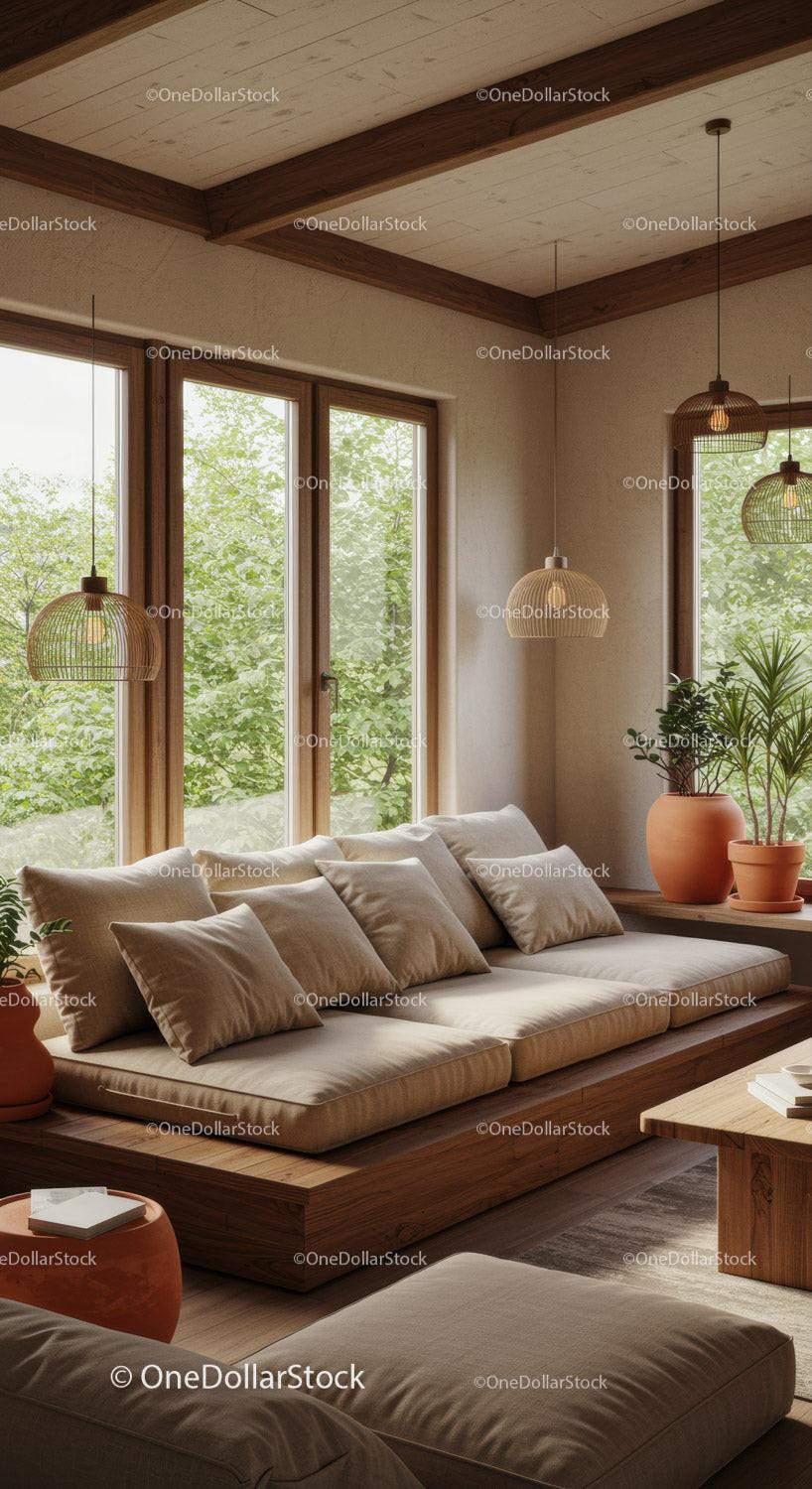 Cozy modern living room with natural light and plants