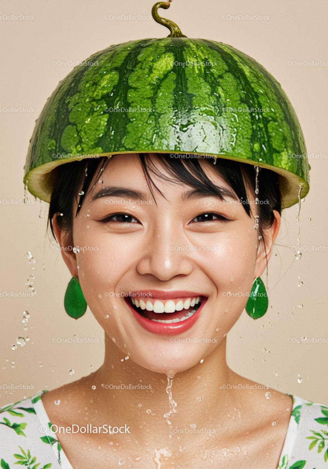 Smiling woman wearing watermelon helmet with water drops