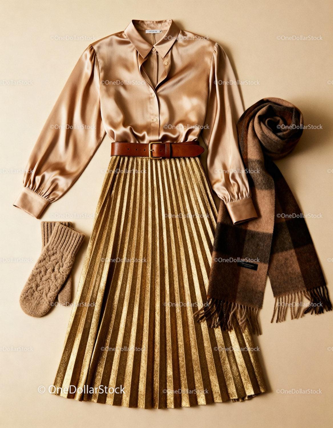 Elegant pleated gold skirt with satin blouse and accessories