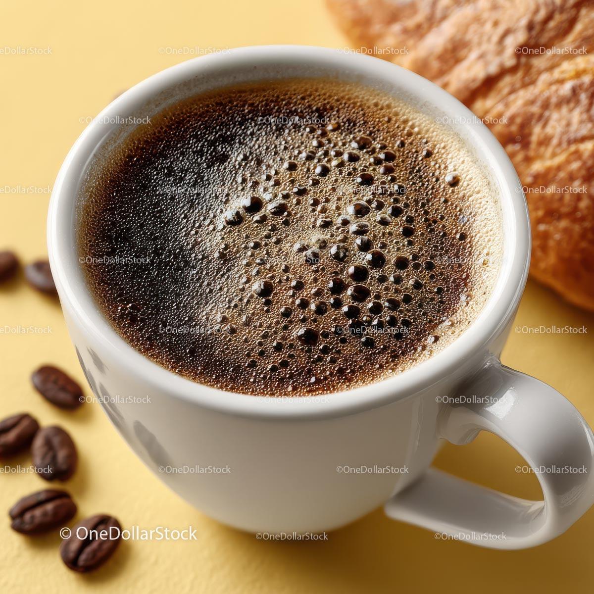 Freshly Brewed Coffee in a Cup with Croissant on Table