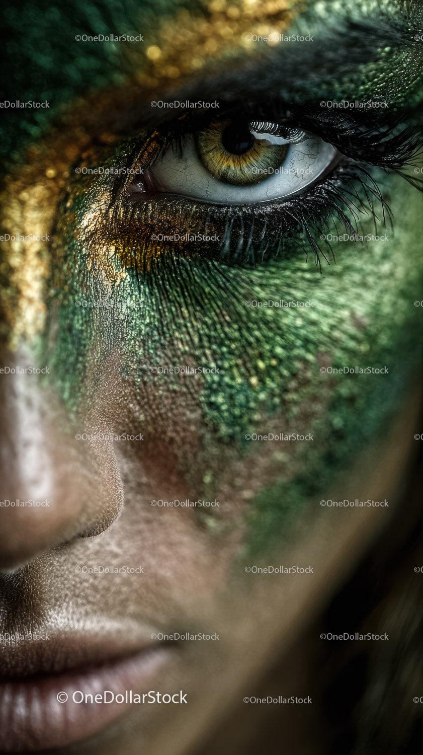 Vibrant Artistic Eye Makeup with Green and Gold Accents