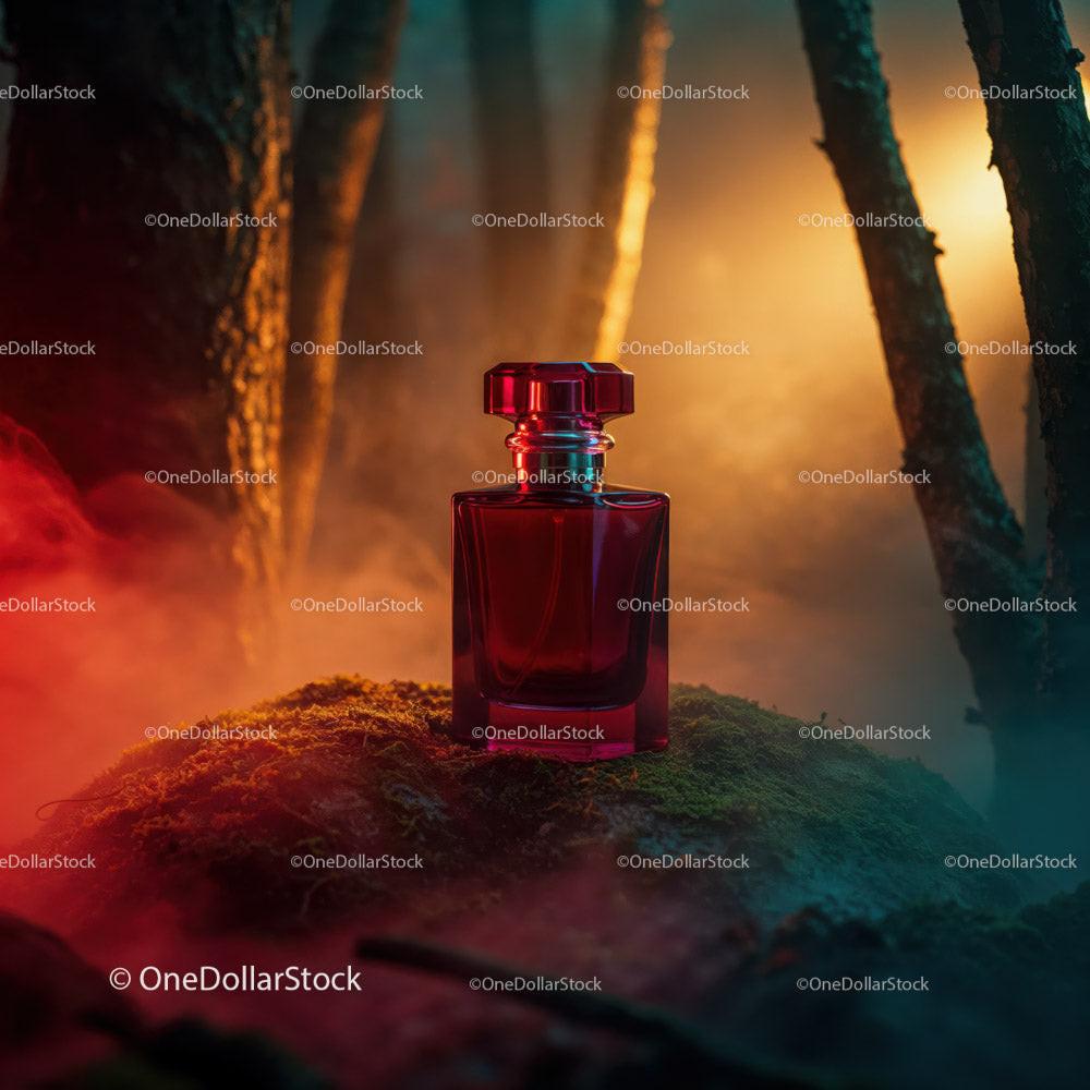 Vibrant Red Perfume Bottle in Mystical Forest Scene with Ambient Lighting JPG Mockup Image preview