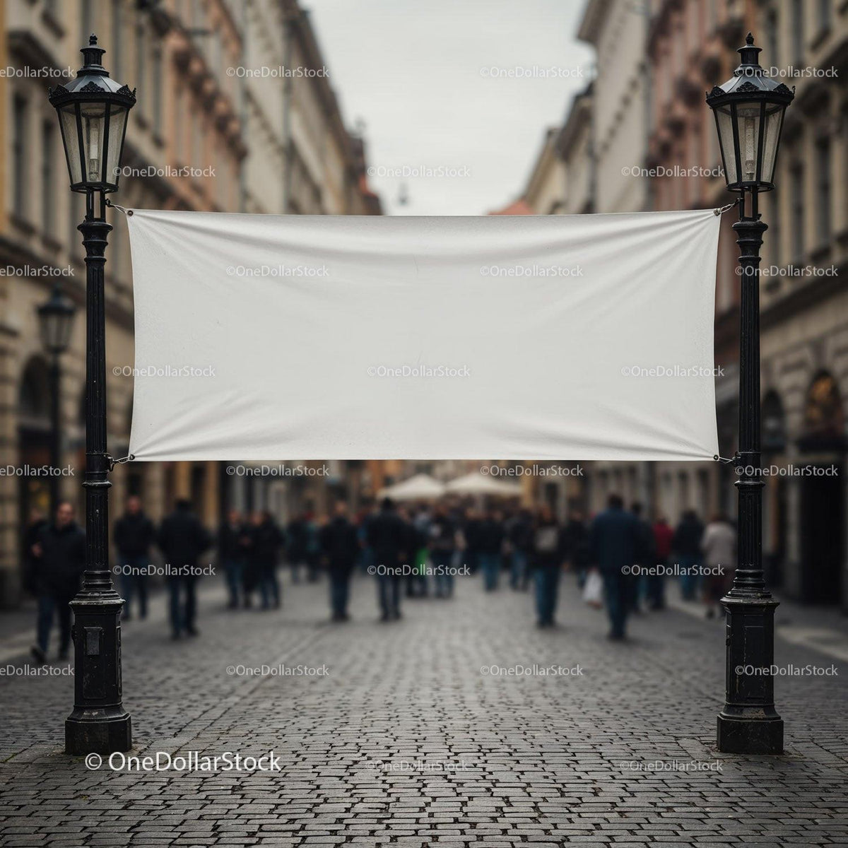 Blank white banner between vintage street lamps on city street JPG Mockup Image preview