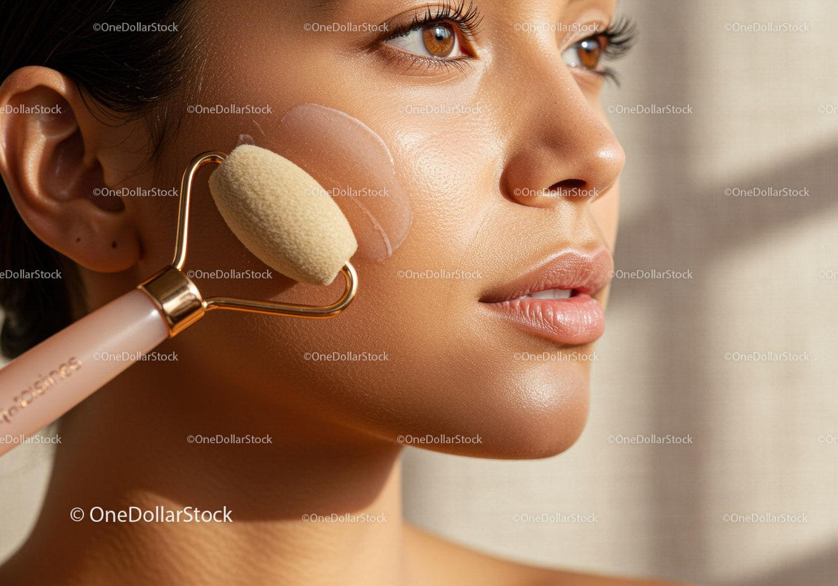 Close-Up of Young Woman Using Facial Roller for Skin Rejuvenation