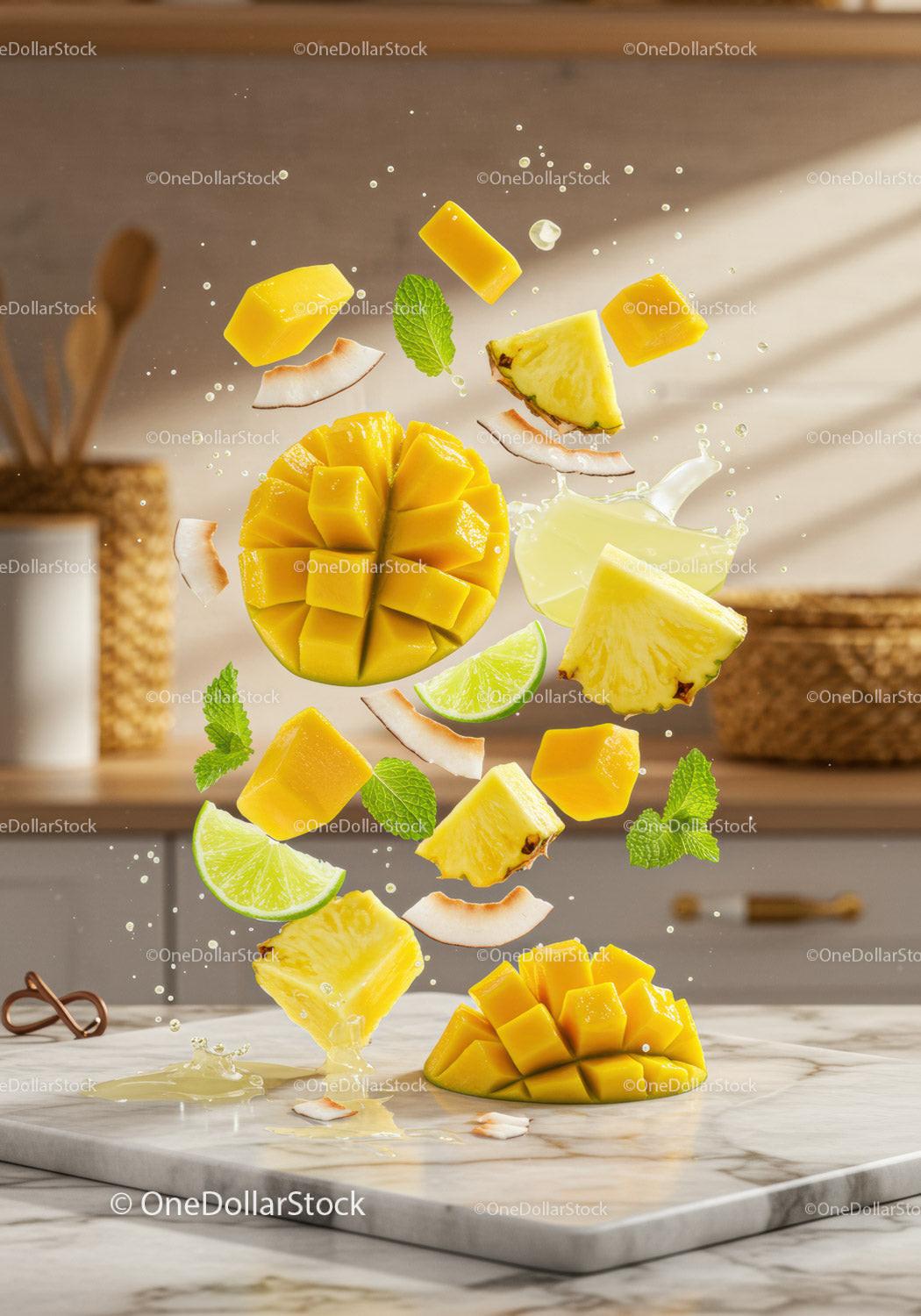 Fresh tropical fruit pieces with liquid splash on marble