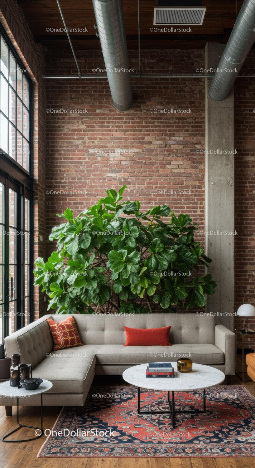 Indoor Plant and Modern Living Room with Brick Wall and Cozy Sofa