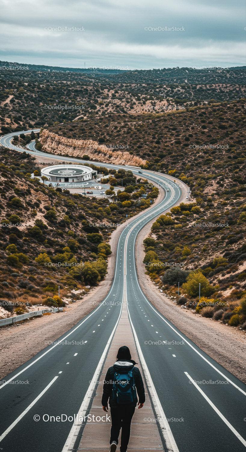 Scenic Mountain Road Winding Through Rugged Terrain with Hiker