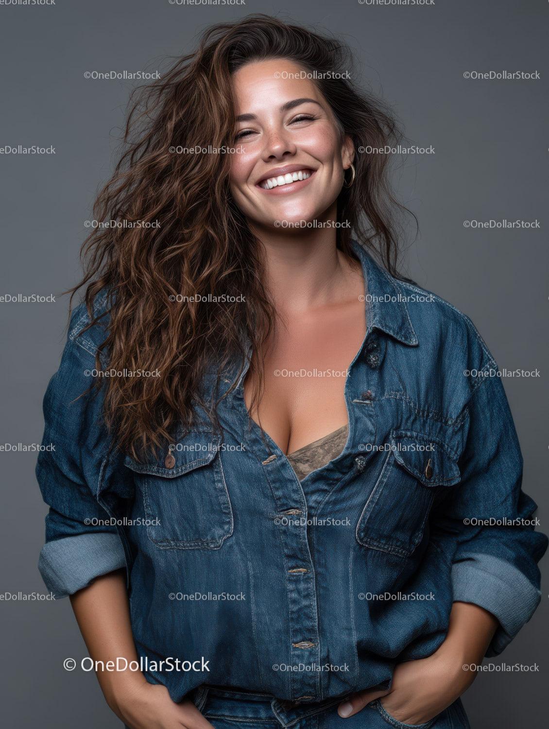 Joyful Woman with Long Wavy Hair Wearing Denim Jacket