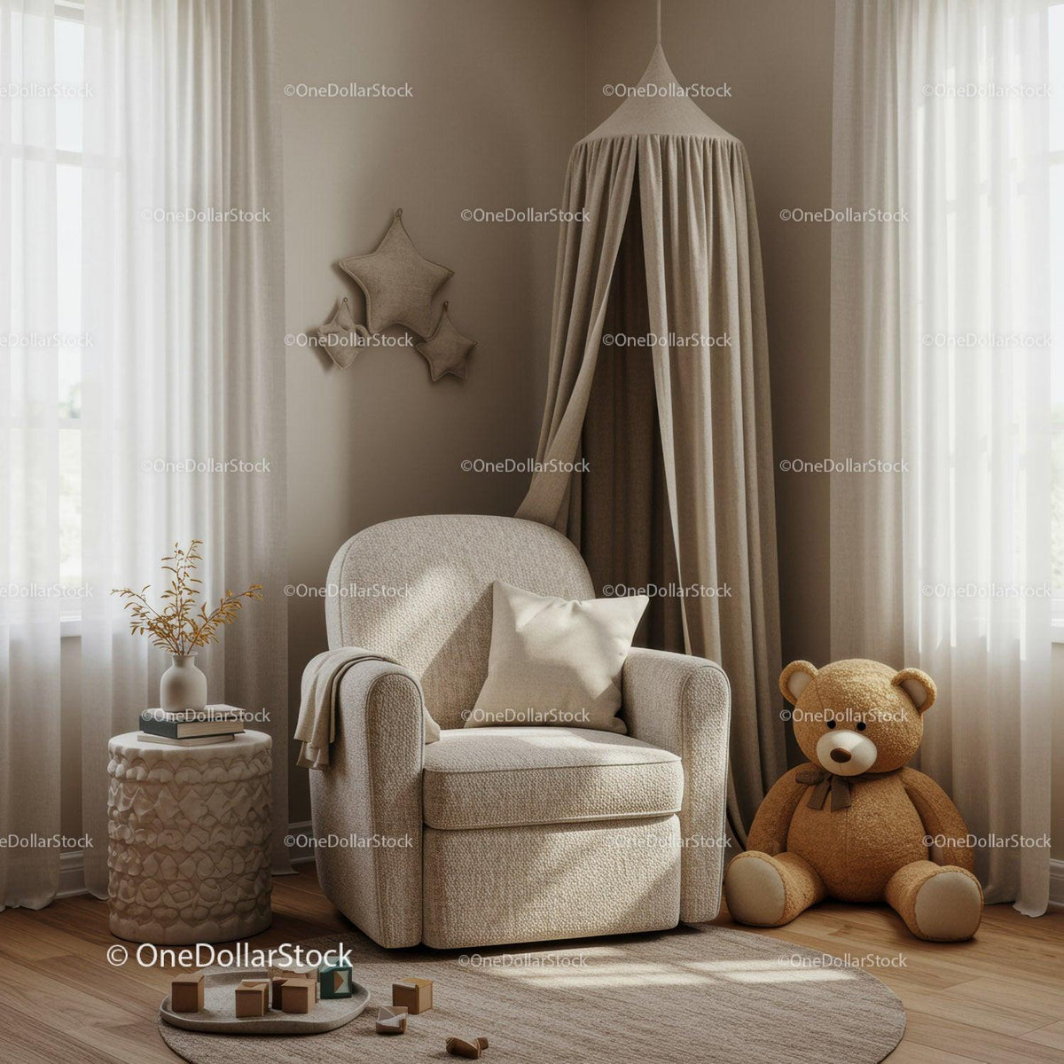 Cozy beige nursery corner with armchair and teddy bear