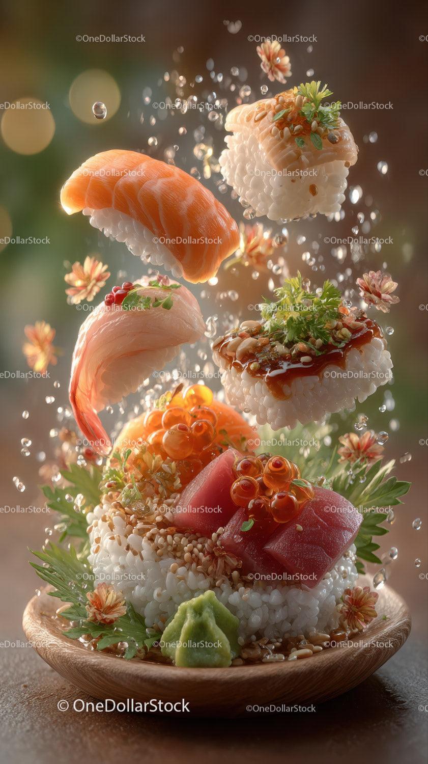 Fresh Sushi Rolls with Salmon Tuna Shrimp and Wasabi on Wooden Platter