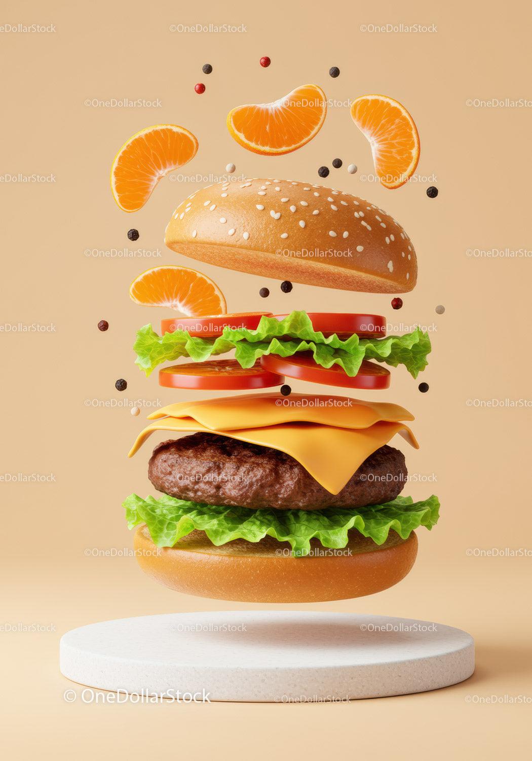 Floating Cheeseburger with Fresh Ingredients and Citrus Slices